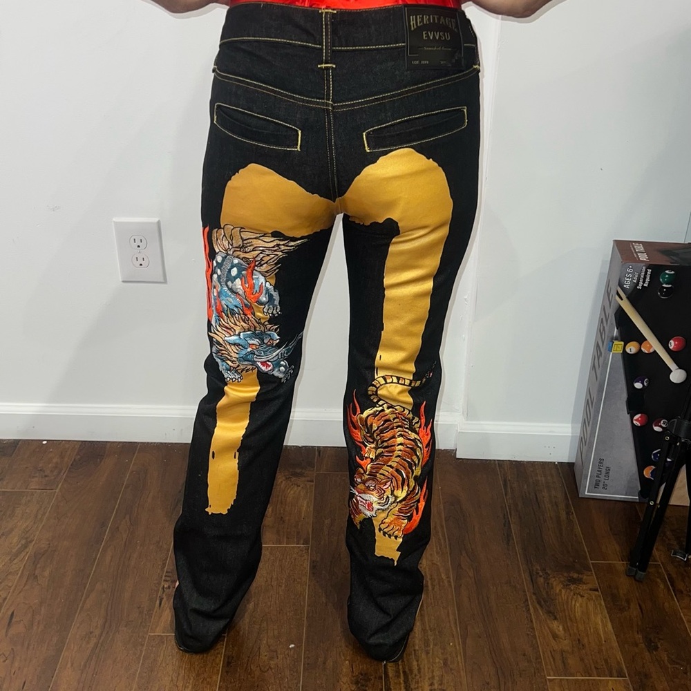Evisu Black Denim with Vibrant Tiger and Dragon